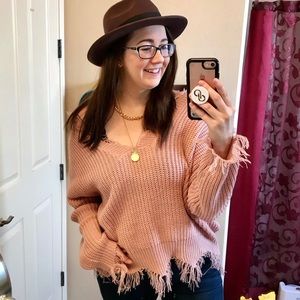 Boutique blush pink raw frayed edge distressed boho oversize sweater